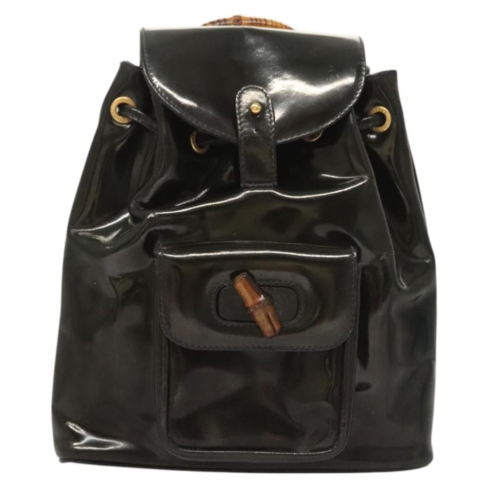 Gucci Bamboo Patent Leather Backpack Navy Gold 003 2058 Blue
